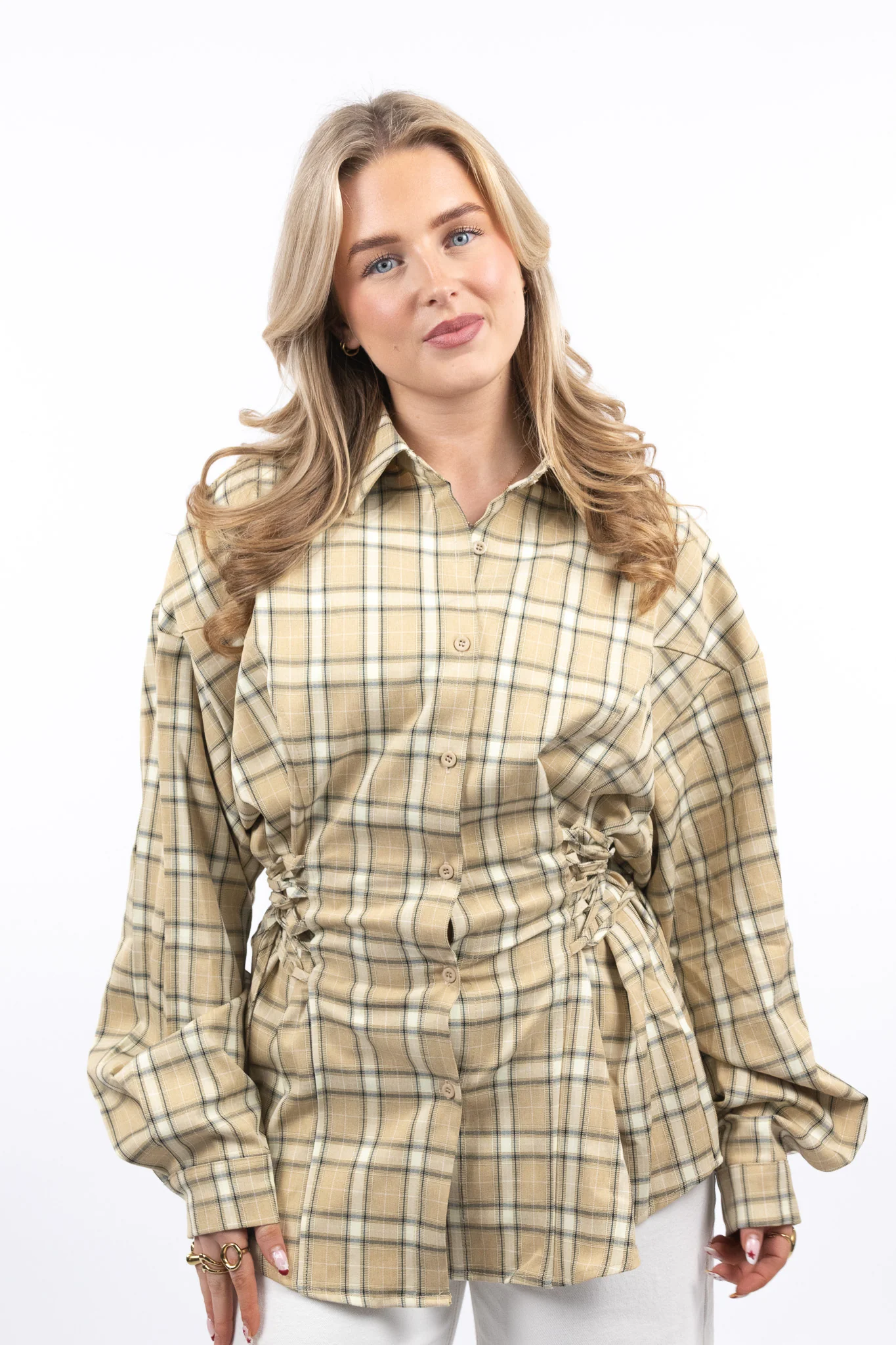Waist-Tie Plaid Blouse - Image 3